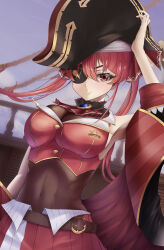 Rule 34 | 1girl, arm up, arrow through heart, ascot, belt, black choker, black coat, black hat, breasts, brown belt, choker, coat, covered navel, cropped jacket, eyepatch, frilled choker, frills, hair ribbon, hat, highres, hololive, houshou marine, houshou marine (1st costume), large breasts, leather belt, leotard, leotard under clothes, long hair, looking at viewer, pirate hat, pleated skirt, red ascot, red coat, red eyes, red hair, red ribbon, red skirt, ribbon, skirt, sleeveless, sleeveless jacket, smile, solo, syu.mu, twintails, two-sided coat, two-sided fabric, virtual youtuber, water