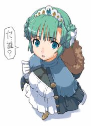 Rule 34 | 1girl, blue eyes, breasts, coat, double bun, dress, female focus, from above, full body, fur, gloves, green hair, hair bun, hood, large breasts, looking up, maid, morisawa haruyuki, open mouth, short hair, simple background, solo, sweat, tiara, translation request