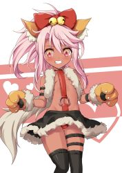 Rule 34 | 1girl, animal ear fluff, animal ears, animal hands, bare shoulders, bell, black skirt, black thighhighs, blush, bow, breasts, cat ears, cat paws, chloe von einzbern, chloe von einzbern (beast style), dark-skinned female, dark skin, fake animal ears, fake claws, fate/kaleid liner prisma illya, fate (series), fur-trimmed skirt, fur trim, gloves, hair bell, hair between eyes, hair bow, hair ornament, heart, highres, jingle bell, long hair, morokoshi (tekku), navel, o-ring, panties, paw gloves, pink hair, red panties, skirt, small breasts, stomach, stomach tattoo, tattoo, teeth, thigh strap, thighhighs, underwear, yellow eyes, yellow gloves