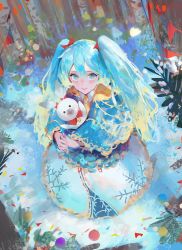 Rule 34 | 1girl, absurdres, aqua eyes, aqua hair, blue eyes, blue hair, bow, closed mouth, commentary, dress, from above, green hair, hair between eyes, hair bow, hair ornament, hatsune miku, highres, holding, holding toy, lips, long hair, long sleeves, looking at viewer, outdoors, rabbit yukine, red bow, rsef, snow, standing, stuffed animal, stuffed toy, toy, twintails, very long hair, vocaloid, wide sleeves, winter, winter clothes, yuki miku
