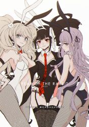 Rule 34 | 2023, 3girls, animal ears, armlet, artist name, ass, bare shoulders, bear hair ornament, black gloves, black hair, black leotard, black nails, black ribbon, black thighhighs, blonde hair, blush, bow, bowtie, braid, breasts, celestia ludenberg, center opening, chinese zodiac, cleavage, closed mouth, collar, contrapposto, cowboy shot, criis-chan, danganronpa: trigger happy havoc, danganronpa (series), detached collar, drill hair, earrings, enoshima junko, fake animal ears, fake tail, fishnet pantyhose, fishnets, frilled collar, frilled leotard, frills, from side, garter straps, gloves, hair ornament, hair ribbon, hand on own hip, hand up, jewelry, kirigiri kyoko, large breasts, leotard, long hair, long sleeves, looking at viewer, medium breasts, multiple girls, nail polish, navel, necktie, official alternate costume, pantyhose, playboy bunny, profile, rabbit ears, red bow, red bowtie, red eyes, red necktie, ribbon, side braid, smile, tail, thigh gap, thighhighs, twin drills, twintails, white leotard, wrist cuffs, year of the rabbit