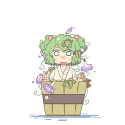 Rule 34 | 1girl, bucket, double v, female focus, flower, green eyes, green hair, in bucket, in container, inishie, kisume, leaf, matching hair/eyes, morning glory, open mouth, plant, short hair, solo, touhou, twintails, v, white background