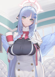 Rule 34 | 1girl, absurdres, blue archive, blue hair, blue wings, blush, bow, bowtie, braid, breasts, buttons, closed mouth, cross print, cup, dress, emblem, feathered wings, gloves, green eyes, hair ornament, halo, hat, highres, holding, holding cup, impossible clothes, indoors, large breasts, long hair, long sleeves, looking at viewer, mine (blue archive), nurse cap, pink bow, pink bowtie, pink halo, pointy ears, puffy sleeves, sin9, solo, twin braids, white dress, white gloves, window, wings