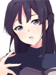Rule 34 | 1girl, black hair, blue eyes, enelis, hair intakes, idolmaster, idolmaster million live!, long hair, looking at viewer, mogami shizuka, open mouth, simple background, solo, upper body, white background
