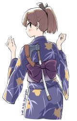 Rule 34 | axe, brown hair, commentary request, floral print, from behind, hair ribbon, highres, japanese clothes, kantai collection, kimono, kirigaya yuuji, looking at viewer, looking back, obi, ponytail, ribbon, sash, shikinami (kancolle), short ponytail, solo, white background, wide sleeves