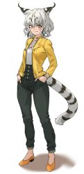 Rule 34 | 1girl, absurdres, animal ear fluff, animal ears, black hair, black pants, bobcat (kemono friends), commentary, full body, grey eyes, grey hair, hair between eyes, hands in pockets, highres, jacket, kemono friends, long sleeves, looking at viewer, lynx ears, lynx tail, medium hair, multicolored hair, open clothes, open jacket, pants, shirt, shoes, simple background, smile, solo, tail, tanabe (fueisei), white background, white shirt, yellow footwear, yellow jacket