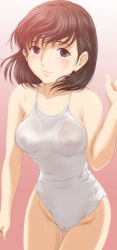 Rule 34 | 1girl, anegasaki nene, black eyes, black hair, blue eyes, blush, breasts, brown hair, cameltoe, casual one-piece swimsuit, cleft of venus, covered erect nipples, gradient background, highres, large breasts, leaning forward, lips, love plus, mole, mole under eye, nanashi noiji, nipples, one-piece swimsuit, see-through, short hair, smile, solo, swimsuit, thigh gap, thighs