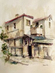 Rule 34 | apartment, building, entrance, foliage, highres, house, mouen tw, no humans, original, painting (medium), plant, scenery, traditional media, tree, watercolor (medium), white background, window