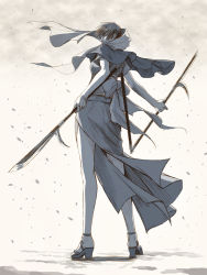 Rule 34 | 1girl, arm at side, back, blade of the immortal, covered mouth, from behind, full body, high heels, hinata gureko, holding, holding weapon, japanese clothes, kimono, legs apart, looking at viewer, looking back, obi, otono-tachibana makie, outstretched arm, pelvic curtain, petals, profile, sash, scarf, shawl, short hair, short sleeves, sketch, solo, standing, weapon