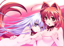 Rule 34 | 2girls, artist request, blush, bou (inubou), breasts, choker, covering breasts, covering privates, flat chest, grey eyes, hair intakes, highres, kagami sumika, large breasts, light purple hair, long hair, multiple girls, muv-luv, muv-luv alternative, nipples, nude, nude cover, open mouth, purple eyes, purple hair, red eyes, red hair, small breasts, smile, topless, underboob, very long hair, wallpaper, white hair, yashiro kasumi