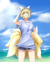 Rule 34 | 1girl, :d, alternate costume, animal hat, arm up, bare legs, blonde hair, collarbone, contemporary, cowboy shot, day, denim, denim shorts, fox tail, hand on headwear, hand on own hip, hat, highres, jiienu, looking at viewer, mob cap, multiple tails, open mouth, outdoors, mob cap, shirt, short hair, short shorts, short sleeves, shorts, sky, smile, solo, standing, t-shirt, tail, tied shirt, touhou, yakumo ran, yellow eyes