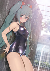 Rule 34 | 1girl, against wall, aqua eyes, aqua hair, black one-piece swimsuit, blurry, blurry background, blush, bow, breasts, closed mouth, covered navel, furuyama itaru, hair between eyes, hair bow, hatsune miku, long hair, looking at viewer, medium breasts, one-piece swimsuit, red bow, solo, standing, swimsuit, thighs, twintails, vocaloid, wet, wet clothes, wet swimsuit
