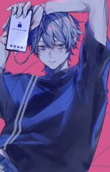 Rule 34 | 1boy, bishounen, black shirt, blue eyes, cellphone, character request, copyright request, hand up, highres, holding, holding phone, looking at viewer, male focus, phone, pink background, shirt, short hair, simple background, smartphone, solo, taiyakitarou, tears, upper body, white hair