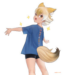 Rule 34 | 1girl, animal ears, beleven, bike shorts, black shorts, blonde hair, blue shirt, blush, casual, cowboy shot, coyote (kemono friends), extra ears, from behind, hair between eyes, highres, kemono friends, kemono friends v project, looking at viewer, multicolored hair, open mouth, shirt, short hair, short sleeves, shorts, sidelocks, smile, solo, sparkle, t-shirt, tail, tekken, virtual youtuber, wolf ears, wolf girl, wolf tail, yellow eyes
