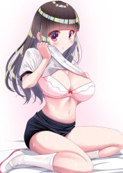 Rule 34 | 1girl, absurdres, akihiro0920, blush, bra, breasts, brown hair, buruma, cleavage, clothes lift, cut bangs, eyelashes, gym uniform, highres, large breasts, looking at viewer, original, parted lips, red eyes, seiza, shirt lift, shoes, simple background, sitting, socks, sweaty clothes, underwear, white socks, wiping face, wiping sweat