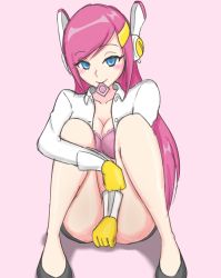 Rule 34 | 1girl, absurdres, blue eyes, blush, bottomless, bra, breasts, cleavage, condom, condom in mouth, condom wrapper, covering privates, covering crotch, gloves, hair ornament, hairclip, highres, hugging own legs, kirby: planet robobot, kirby (series), long hair, looking at viewer, medium breasts, mouth hold, mr.potato (artist), nintendo, no panties, open clothes, open shirt, personification, pink bra, pink hair, shirt, sitting, slippers, smile, solo, susie (kirby), third-party edit, unbuttoned, unbuttoned shirt, underwear, white shirt, yellow gloves