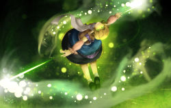 Rule 34 | 1girl, arm warmers, blonde hair, female focus, floating, full body, glowing, glowing eyes, green background, green eyes, green theme, highres, lohiaxel, mizuhashi parsee, outstretched arms, pointy ears, scarf, shoes, short sleeves, signature, skirt, slit pupils, socks, solo, spread arms, touhou, unmoving pattern, white socks