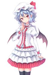 Rule 34 | 1girl, bat wings, black thighhighs, blue hair, center frills, closed mouth, frilled skirt, frills, hand up, hat, hat ribbon, head tilt, highres, juliet sleeves, junior27016, layered skirt, long sleeves, looking at viewer, miniskirt, mob cap, neck ribbon, puffy sleeves, red eyes, red ribbon, remilia scarlet, ribbon, simple background, skirt, smile, solo, standing, thighhighs, touhou, white background, white hat, white skirt, wings, wrist cuffs