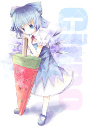 Rule 34 | 1girl, bad id, bad pixiv id, blue eyes, blue hair, bow, cirno, female focus, food, fruit, full body, gradient background, hair bow, ichitaro, matching hair/eyes, popsicle, short hair, smile, solo, touhou, watermelon, watermelon bar, white background, wings
