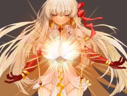 Rule 34 | armlet, bracelet, breasts, durga (fate), earrings, fate/grand order, fate (series), grey background, highres, jewelry, large breasts, light, long hair, red eyes, red ribbon, revealing clothes, ribbon, smile, user tmjp5322, white hair