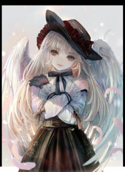 Rule 34 | 1girl, asymmetrical gloves, black ribbon, black skirt, bow, brown ribbon, crossed arms, feathered wings, feathers, floating hair, gloves, grey eyes, grey gloves, grey hair, grey hat, hat, hat bow, head tilt, highres, komorihikki, lolita fashion, long hair, long sleeves, looking at viewer, neck ribbon, original, red bow, ribbon, shirt, single glove, skirt, solo, standing, very long hair, white shirt, white wings, wings