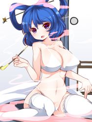 Rule 34 | 1girl, blue eyes, blue hair, blush, bra, breasts, cleavage, curvy, doku corne, hair ornament, hair rings, hair stick, heart, heart-shaped pupils, highres, jpeg artifacts, kaku seiga, kiseru, large breasts, lingerie, looking at viewer, matching hair/eyes, md5 mismatch, midriff, navel, open mouth, resized, resolution mismatch, short hair, sitting, smile, smoke, smoking, smoking pipe, solo, source larger, symbol-shaped pupils, thighhighs, thong, touhou, underwear, white thighhighs, wide hips