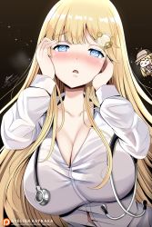 Rule 34 | 1girl, alternate hair length, alternate hairstyle, artist name, astraea (atelierastraea), black background, blonde hair, blue eyes, blush, breasts, chibi, cleavage, collared shirt, commentary, copyright notice, english commentary, hair ornament, hands on own face, hat, heart, heart-shaped pupils, highres, hololive, hololive english, large breasts, long hair, long sleeves, looking at viewer, nose blush, parted lips, patreon username, shirt, solo, stethoscope, symbol-shaped pupils, upper body, very long hair, virtual youtuber, walfie (style), watson amelia, white shirt