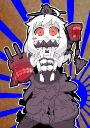 Rule 34 | 10s, 1girl, abyssal ship, ahoge, aircraft, airplane, blush stickers, chibi, colored skin, covered mouth, dress, horns, kantai collection, long hair, looking at viewer, mahoroba shirou, mittens, northern ocean princess, red eyes, sitting, solo, white dress, white hair, white skin