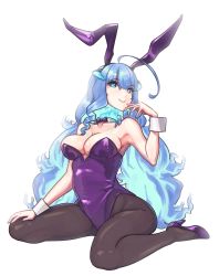 Rule 34 | 1girl, absurdres, ahoge, animal ears, bare shoulders, blue fire, bow, bowtie, breasts, detached collar, drill hair, drill sidelocks, dullahan, fake animal ears, fiery hair, fire, glowing horns, high heels, highres, horns, huge ahoge, leotard, long hair, pantyhose, playboy bunny, prism project, purple leotard, qtini, rikudou yura, sidelocks, solo, strapless, strapless leotard, symbol-shaped pupils, virtual youtuber, wrist cuffs, x-shaped pupils, x x