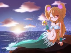 Rule 34 | 1girl, alcohol, arm support, bandeau, beads, beer, bikini, bikini top only, blonde hair, blush, breasts, can, cloud, drink, fins, flat chest, front-tie top, groin, hair between eyes, hair ornament, highres, holding, jewelry, kumamaru, lens flare, long hair, looking at viewer, mermaid, monster girl, muromi-san, namiuchigiwa no muromi-san, navel, necklace, ocean, on ground, outdoors, product placement, red eyes, rock, sapporo beer, scales, seashell, seductive smile, shadow, shell, shiny skin, short twintails, sitting, sky, smile, solo, splashing, star (symbol), sun, sunset, swimsuit, tail, twintails, two side up, underboob, water, wide hips