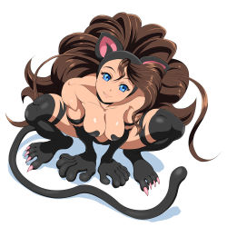 Rule 34 | 1girl, alternate color, animal ears, animal hands, blue eyes, breasts, brown hair, capcom, cat ears, cat girl, cat paws, cat tail, choker, cleavage, fang, felicia (vampire), female focus, full body, long hair, looking at viewer, medium breasts, solo, squatting, tail, vampire (game)