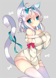 Rule 34 | 1girl, ahoge, animal ears, bare shoulders, between legs, blue bow, blue eyes, blush, bow, breasts, cat ears, cat tail, cleavage, collarbone, commentary request, cowboy shot, eyebrows, grey background, hair between eyes, hair bow, hair ornament, hand between legs, looking at viewer, medium breasts, off-shoulder, off-shoulder sweater, off shoulder, original, parted lips, red bow, satsuki mayuri, sidelocks, simple background, sitting, sleeves past wrists, solo, sweater, tail, thighhighs, white background, white hair, white sweater, white thighhighs, x hair ornament