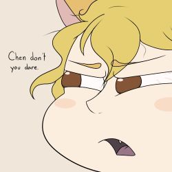 Rule 34 | 1girl, blonde hair, chen, close-up, comic, english text, fang, female focus, flat color, lowres, robin (unlimited world), simple background, solo, touhou, yakumo ran