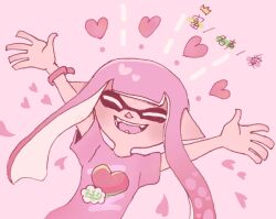 Rule 34 | 1girl, anna gomesi, arms up, closed eyes, commentary request, heart, heart print, highres, inkling, inkling girl, inkling player character, long hair, loving aura, nintendo, open mouth, pink background, pink hair, pink shirt, pointy ears, print shirt, shirt, simple background, smile, solo, splatoon (series), splatoon 3, teeth, tentacle hair, translation request, upper body, watermark