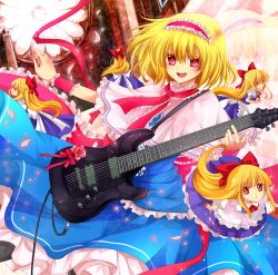 Rule 34 | 1girl, alice margatroid, apron, black pantyhose, blonde hair, blue dress, blush, bow, capelet, dress, electric guitar, female focus, flower, guitar, hair bow, hairband, highres, instrument, long hair, open mouth, pantyhose, petals, rakkyhappy, red eyes, red flower, red rose, ribbon, rose, schecter guitar research, shanghai doll, short hair, smile, solo, touhou, wrist cuffs, wrist ribbon
