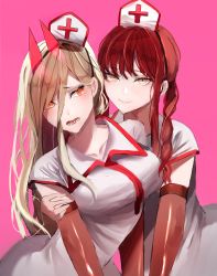 Rule 34 | + +, 2girls, absurdres, blonde hair, braid, braided ponytail, breasts, chainsaw man, collared shirt, cross-shaped pupils, demon girl, demon horns, gloves, hair between eyes, hat, highres, horns, long hair, looking at viewer, makima (chainsaw man), medium breasts, multiple girls, nurse, nurse cap, open mouth, pink background, power (chainsaw man), red eyes, red hair, red horns, ringed eyes, sharp teeth, shirt, short sleeves, simple background, smile, symbol-shaped pupils, teeth, wellski, white shirt, yellow eyes