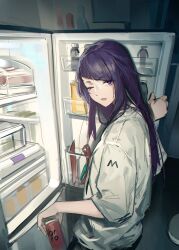 Rule 34 | 1girl, can, highres, holding, holding can, idolmaster, idolmaster shiny colors, long hair, looking at viewer, night, one eye closed, open mouth, oversized clothes, oversized shirt, purple eyes, purple hair, refrigerator, shirt, solo, tanaka mamimi, white shirt, zhili xingzou