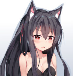 Rule 34 | 1girl, :d, animal ear fluff, animal ears, bare shoulders, black dress, black hair, blush, breasts, cat ears, chisuzu mei, cleavage, collarbone, commentary request, dress, fang, gradient background, grey background, hair between eyes, hair ribbon, highres, long hair, looking at viewer, medium breasts, nagato-chan, one side up, open mouth, paryi project, red eyes, red ribbon, ribbon, shadow, smile, solo, strapless, strapless dress, upper body, virtual youtuber, white background