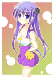 Rule 34 | 00s, 1girl, bare shoulders, blue eyes, blue hair, border, cheerleader, collarbone, dress, gradient background, hiiragi kagami, long hair, looking at viewer, lucky star, matching hair/eyes, multicolored background, purple hair, shio, sleeveless, sleeveless dress, solo, standing, star (symbol), twintails