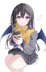 Rule 34 | 1girl, black hair, black skirt, blue hair, closed mouth, coffee cup, commentary, cup, disposable cup, grey jacket, hair between eyes, highres, holding, holding cup, ichinose uruha, jacket, long hair, long sleeves, looking at viewer, lupinus virtual games, multicolored hair, open clothes, open jacket, pleated skirt, purple eyes, qf ivi, scarf, shirt, simple background, sitting, skirt, smile, solo, streaked hair, symbol-only commentary, virtual youtuber, vspo!, white background, white shirt, wings, yellow scarf