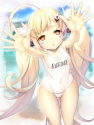 Rule 34 | 1girl, ahoge, armpits, azur lane, bare legs, beach, blonde hair, blurry, blurry background, breasts, collarbone, day, eldridge (azur lane), hair ornament, hairclip, incoming hug, long hair, looking at viewer, ocean, one-piece swimsuit, outstretched arms, red eyes, revision, school swimsuit, sky, small breasts, solo, swimsuit, twintails, white school swimsuit, white one-piece swimsuit, yagitori