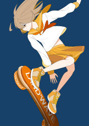 Rule 34 | 1girl, absurdres, bananafish1111, black eyes, blue background, brown hair, commentary, english commentary, highres, hoverboard, original, pleated skirt, school uniform, serafuku, shoes, simple background, skirt, sneakers, solo