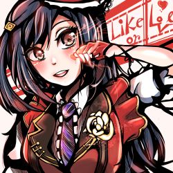 Rule 34 | 1girl, absurdres, artist name, artist request, black hair, blue hair, blush, breasts, chase (love live!), clenched hand, collared shirt, dark blue hair, dress shirt, earrings, female focus, fingerless gloves, gloves, grey eyes, hair ornament, hairclip, half gloves, hat, heart, highres, jewelry, long hair, looking at viewer, love live!, love live! nijigasaki high school idol club, love live! school idol festival, medium breasts, mini hat, mini top hat, necktie, parted lips, ponytail, puffy short sleeves, puffy sleeves, purple neckwear, red gloves, red hat, red shirt, red vest, ribbon, shirt, short sleeves, side ponytail, smile, solo, suspenders, teeth, top hat, triangle earrings, upper body, vest, wing collar, yuki setsuna (love live!)