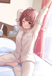 Rule 34 | 1girl, absurdres, alarm clock, arm behind head, arm up, barefoot, bed, bedroom, blush, brown hair, buttons, clock, commentary request, commission, curtains, highres, idolmaster, idolmaster shiny colors, ikuta haruki, indoors, long sleeves, looking at viewer, on bed, one eye closed, pajamas, parted lips, picture frame, pillow, short hair, sitting, skeb commission, solo, tenpa (tenpa2190), waking up, white pajamas, window