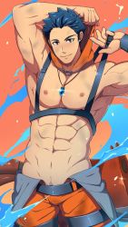 Rule 34 | 1boy, abs, armpits, arms up, blue eyes, blue hair, blush, dirty, dirty clothes, dirty face, highres, looking at viewer, male focus, mazjojo, muscular, nipples, pectorals, simple background, smile, spiked hair, undressing