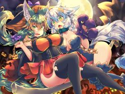 Rule 34 | 2girls, animal ears, animal hands, black headwear, black legwear, bow, breasts, broom, broom riding, brown hair, chain, cleavage, collar, commentary request, fang, full moon, gloves, green eyes, green hair, hair between eyes, hair bow, halloween, hat, kuromiya, kuromiya raika (kuromiya), large breasts, long hair, looking at viewer, moon, multicolored hair, multiple girls, open mouth, original, paw gloves, purple bow, purple gloves, red skirt, shiromiya asuka (kuromiya), short hair, skirt, smile, tail, thighhighs, two-tone hair, white hair, witch hat