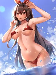 Rule 34 | 1girl, amber (genshin impact), arm up, bad id, bad pixiv id, bare arms, bikini, blue sky, blush, bow, breasts, brown eyes, brown hair, cloud, cloudy sky, clyde s, collarbone, covered erect nipples, cowboy shot, crossed bangs, day, dutch angle, female focus, genshin impact, groin, hair between eyes, hair bow, hair ribbon, hand on own head, highres, long hair, looking at viewer, medium breasts, micro bikini, navel, ocean, open mouth, parted lips, partially submerged, red bikini, red eyes, ribbon, sidelocks, sky, solo, standing, stomach, sunlight, swimsuit, very long hair, wading, water, wet
