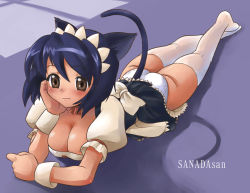 Rule 34 | 00s, 1girl, animal ears, apron, ass, blue hair, blush, bob cut, breasts, brown eyes, cat ears, cat tail, choker, cleavage, clothes lift, fang, head rest, kneepits, large breasts, lying, maid, maid apron, maid headdress, no bra, on floor, on stomach, panties, pantyshot, sanada, sanada (ufo princess valkyrie), shadow, short hair, skirt, skirt lift, smile, solo, tail, thighhighs, ufo princess valkyrie, underwear, white panties, white thighhighs, wrist cuffs