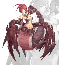 Rule 34 | 1girl, absurdres, arm up, arthropod girl, bare shoulders, breasts, carapace, cleavage, closed mouth, collarbone, colored skin, commentary request, full body, grey skin, highres, horns, looking at viewer, medium breasts, monster girl, multiple legs, navel, original, pincers, red eyes, red hair, scales, scorpion girl, shitoi (aqua1487), short hair, sidelocks, smile, standing, stinger, stomach, sweat, taur, white background