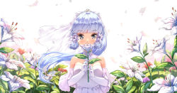 Rule 34 | 1girl, ayaka (genshin impact), bare shoulders, blue hair, breasts, chahei, commentary, covered mouth, dress, elbow gloves, flower, genshin impact, gloves, grey eyes, highres, holding, holding flower, long hair, looking at viewer, petals, small breasts, solo, strapless, strapless dress, symbol-only commentary, upper body, veil, white dress, white flower, white gloves